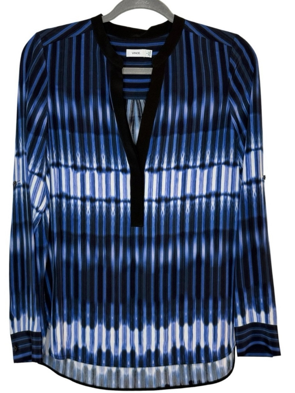 Vince Sz 6 Blue White Striped Monaco Tie-Dye V-Neck Silk Tunic Hi-Low Hem | EUC